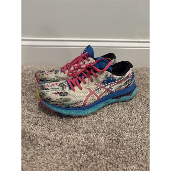 ASICS Women's Gel Nimbus 24 Running Shoes White - Pink Glow w/Palm Trees Size 10 - Picture 1 of 8